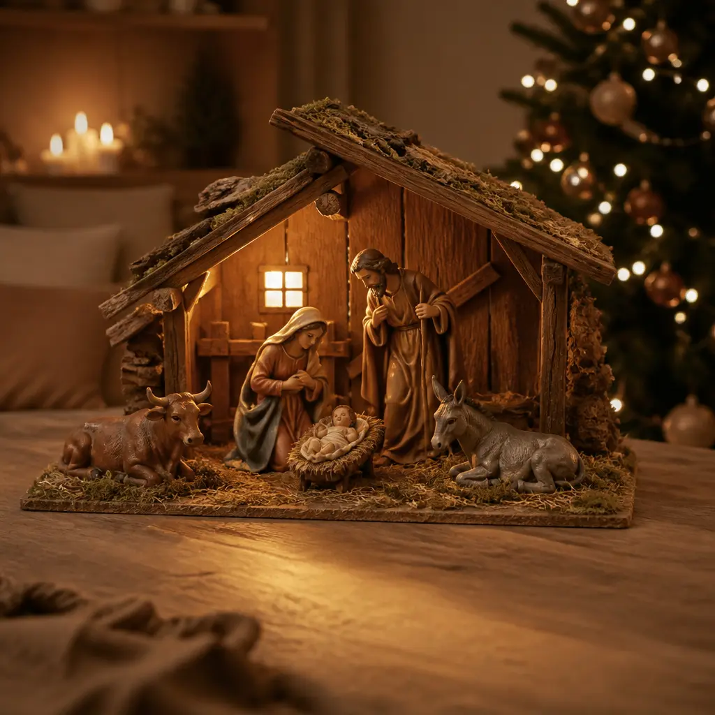 Traditionelle Weihnachtskrippe mit Stall und Figuren in warmem Licht
